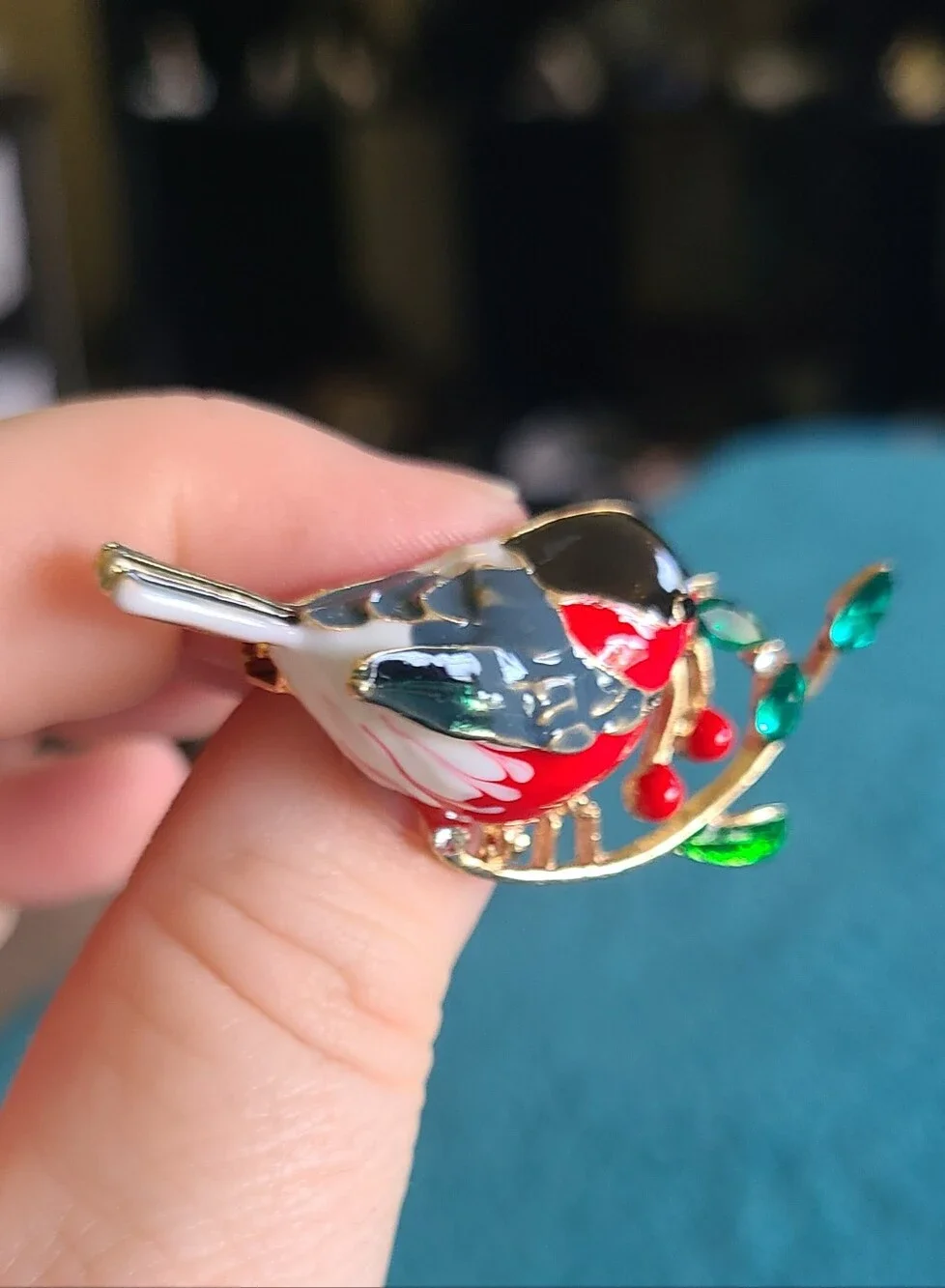 Vintage Red and Green Enamel Songbird Brooch